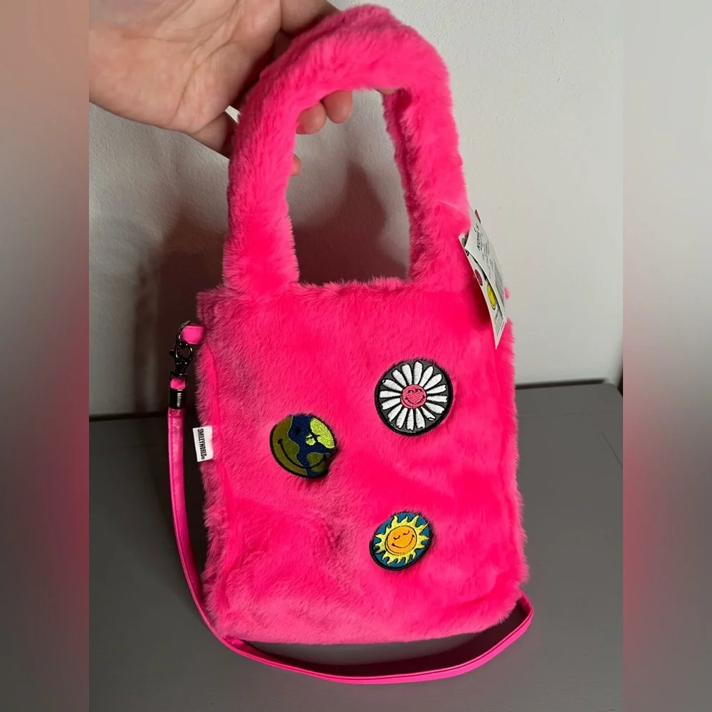Young Adult SMILEY Small Sherpa Tote Bag Crossbody Neon Smiley Face Y2K Hot Pink - Picture 9 of 16